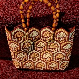 Vtg Needlepoint Mushroom Purse/Tote Bag with Beaded Handles